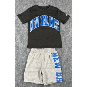 New Balance Kids Size 4 Black Blue Grey Graphic Tee & Shorts 2PC Set NWT